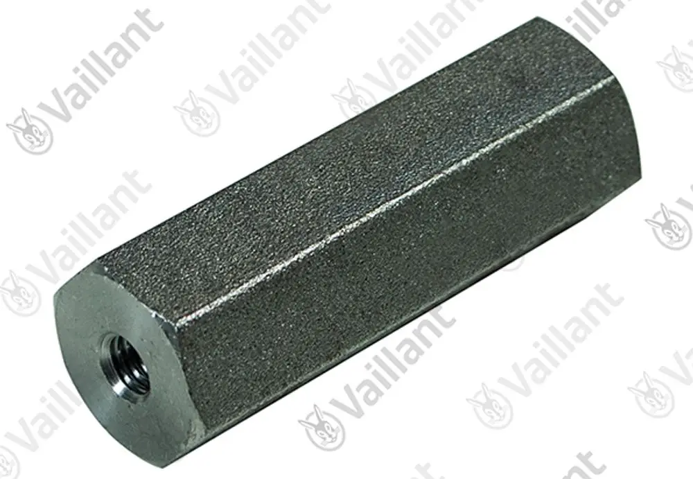 Grauer, achteckiger Metallbolzen mit Innengewinde, hergestellt von Vaillant, auf einer weißen Hintergrundfläche abgebildet.